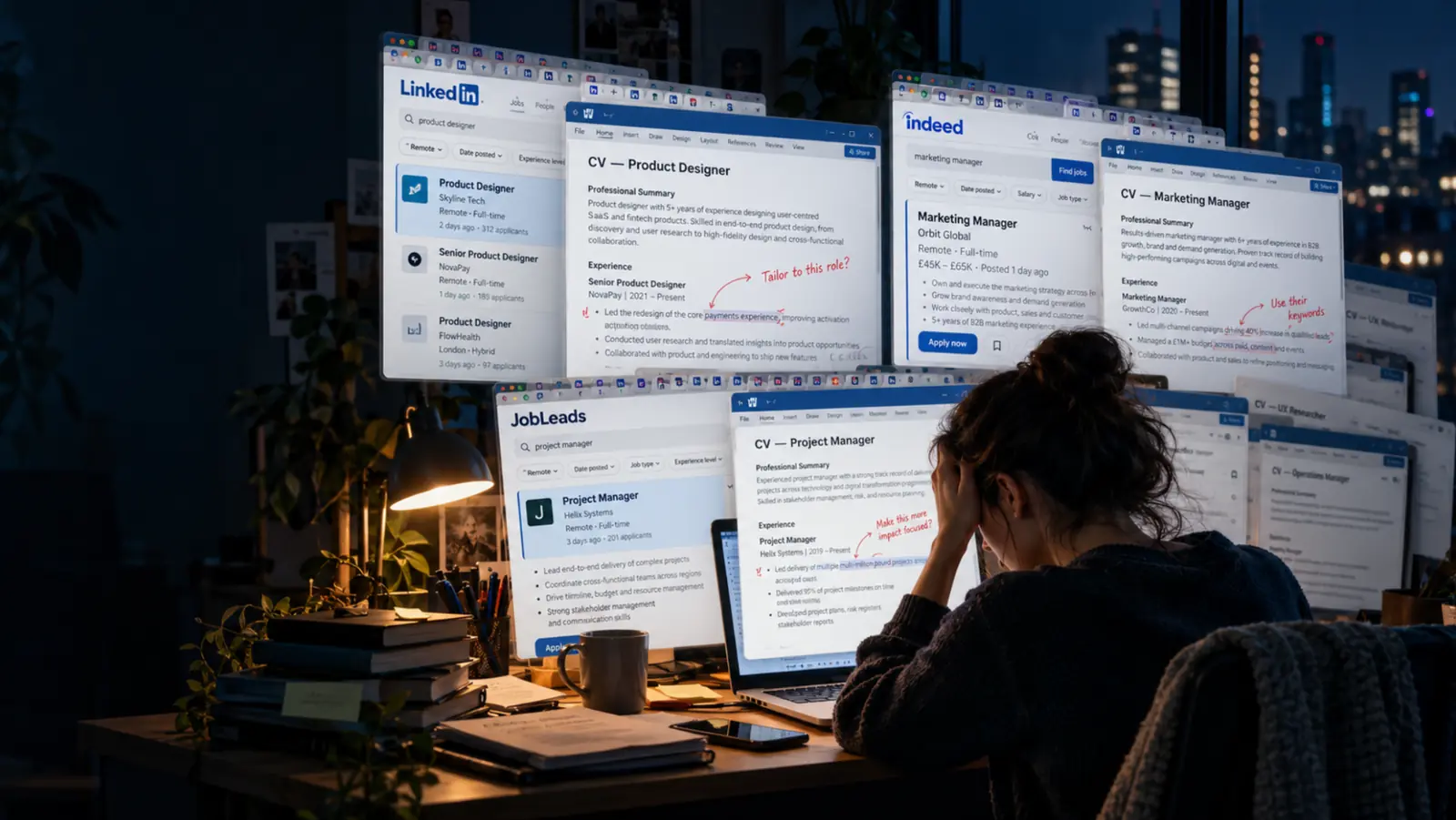 Una persona stremata alla scrivania di notte, circondata da annunci di lavoro e CV da riadattare